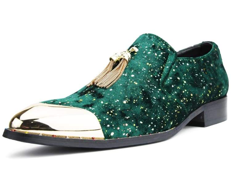 Green Fashion Loafers | Gold Tassel and Toe