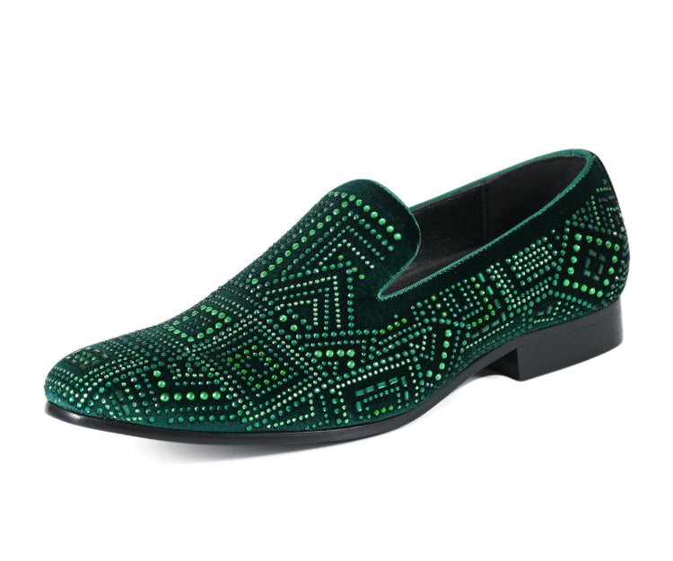 Green Slip On Loafers | Men`s Rhinestone | Enzo by Amali 
