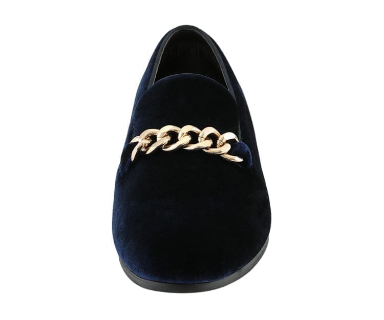 Navy Blue Velvet Loafers | Gold Chain Luxury | Fay by Amali  display picture 1