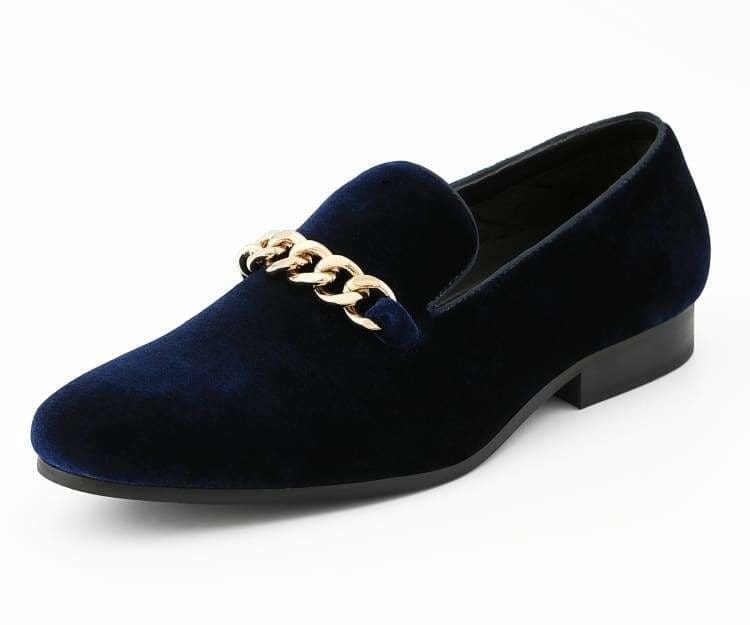 Navy Blue Velvet Loafers | Gold Chain Luxury | Fay by Amali  display picture 2