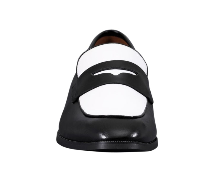 
                      
                        Amali Levi black and white penny loafers front
                      
                    